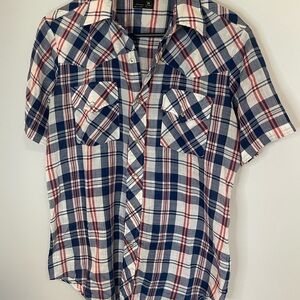 Vintage JC Penny plaid short sleeve snap thin red white & blue medium shirt